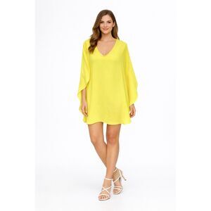 Trina Turk Bright Yellow Cape Poncho Dress L V-Neck Batwing Sleeve Recycled Poly
